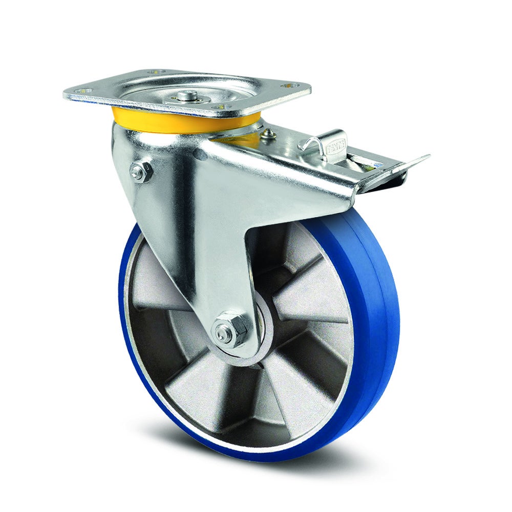 Roulette pivotante à blocage total et rappel de direction automatique 160 mm